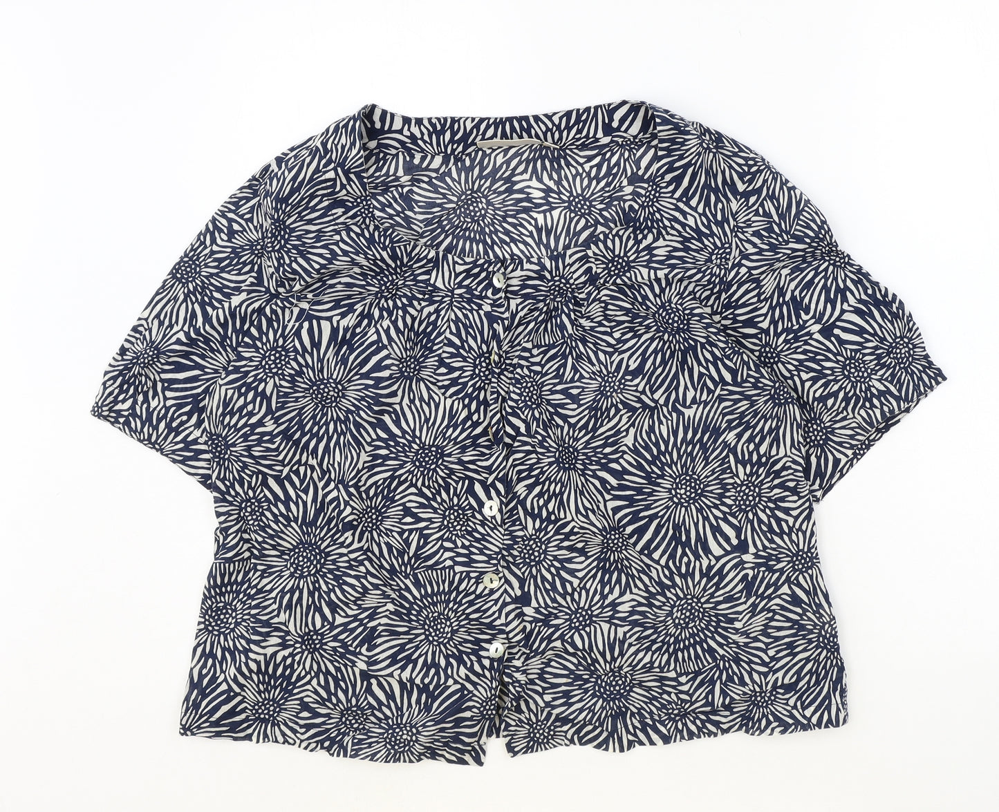 Adini Womens Blue Floral 100% Cotton Basic Button-Up Size L Scoop Neck