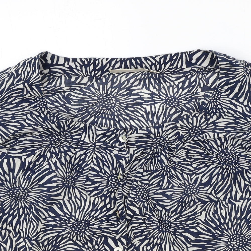 Adini Womens Blue Floral 100% Cotton Basic Button-Up Size L Scoop Neck