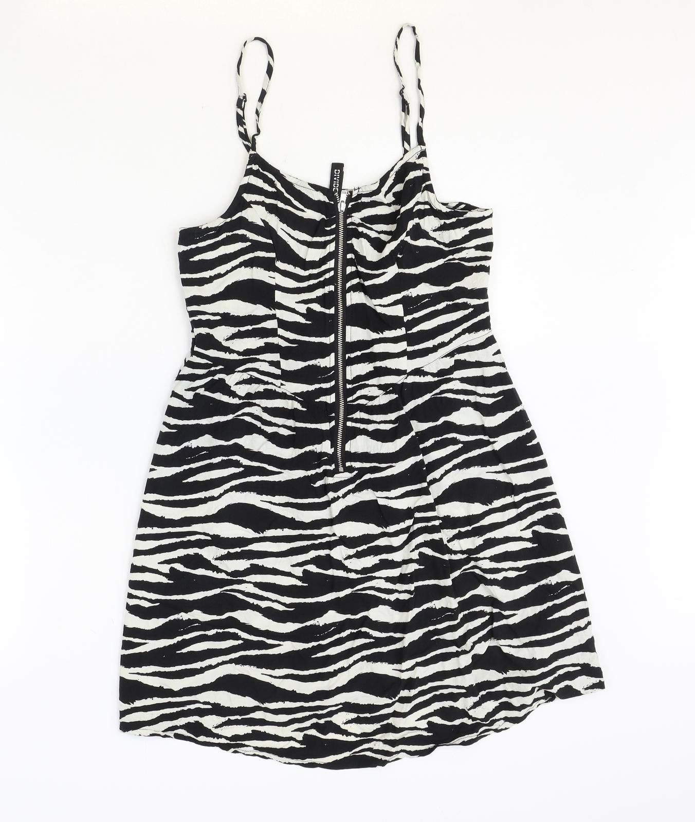 H&M Womens Black Animal Print Viscose Slip Dress Size 8 Scoop Neck Zip - Zebra Print