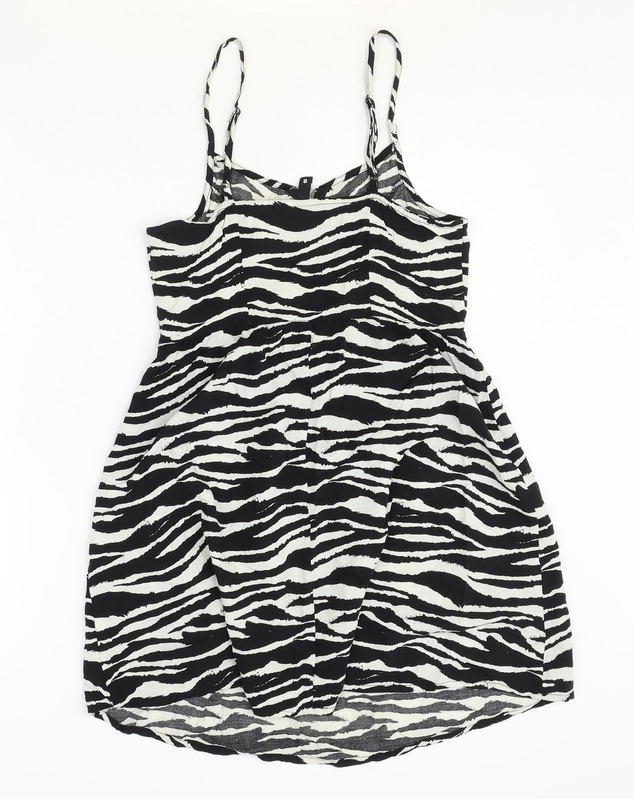 H&M Womens Black Animal Print Viscose Slip Dress Size 8 Scoop Neck Zip - Zebra Print