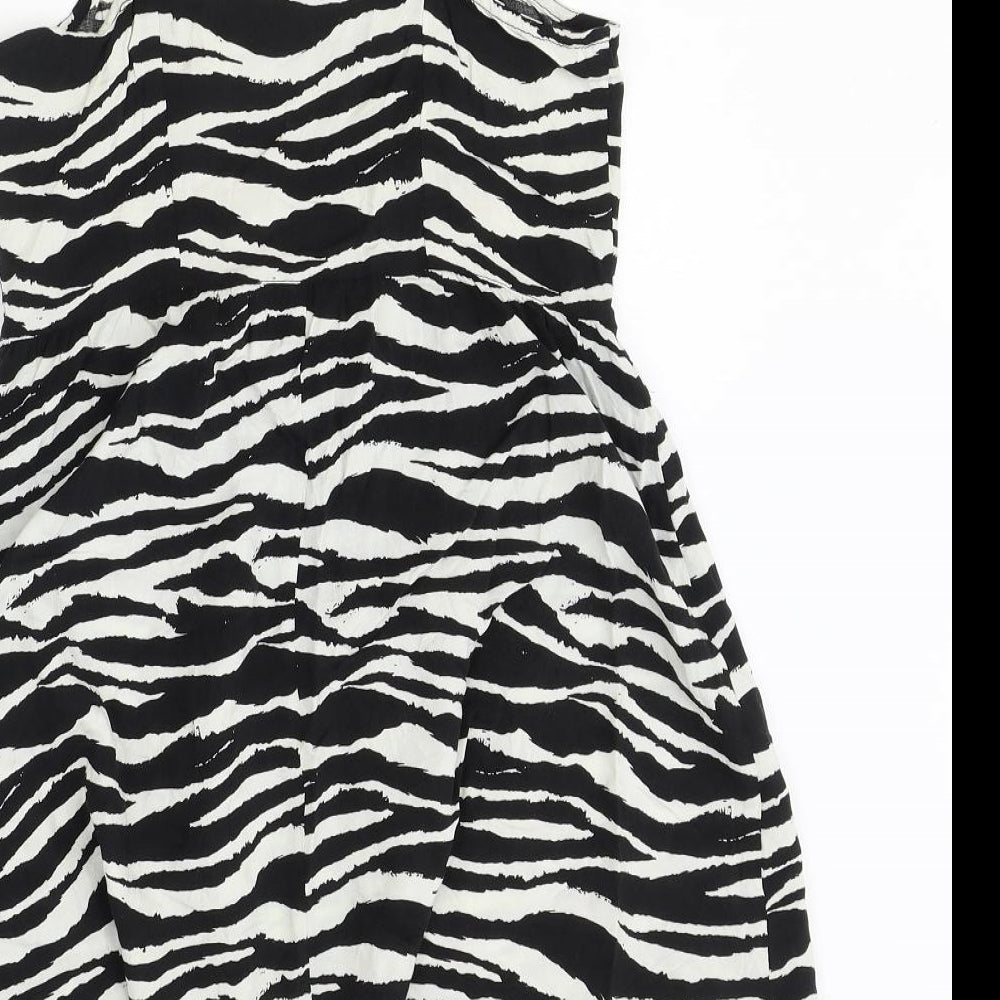 H&M Womens Black Animal Print Viscose Slip Dress Size 8 Scoop Neck Zip - Zebra Print