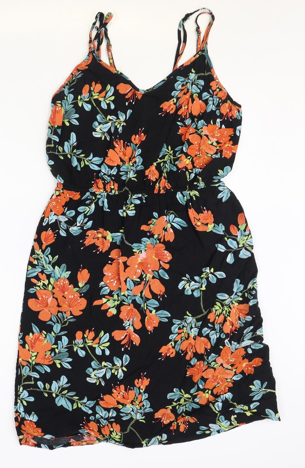 F&F Womens Black Floral Viscose Mini Size 12 Sweetheart Pullover