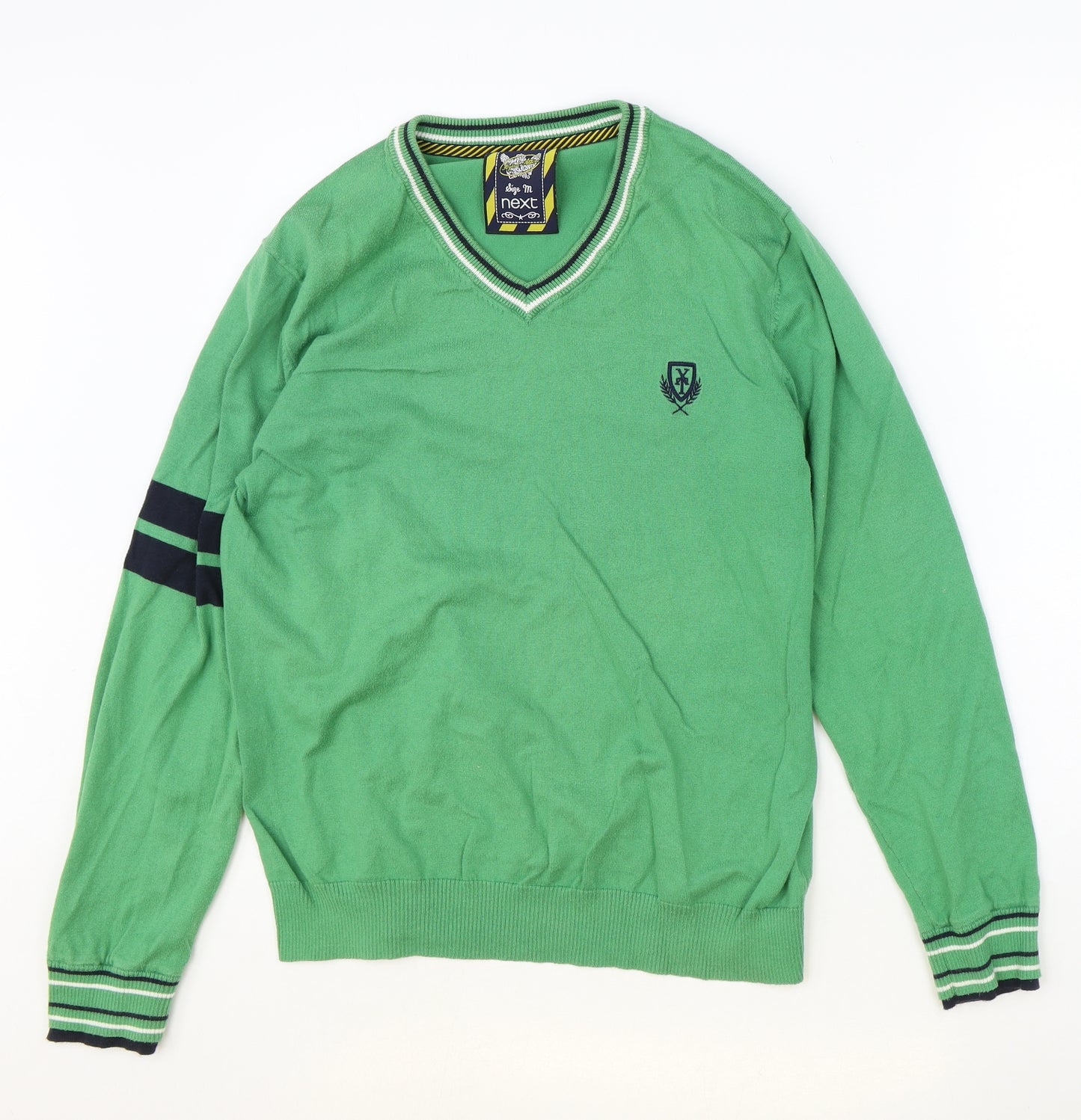 NEXT Mens Green V-Neck Cotton Pullover Jumper Size M Long Sleeve