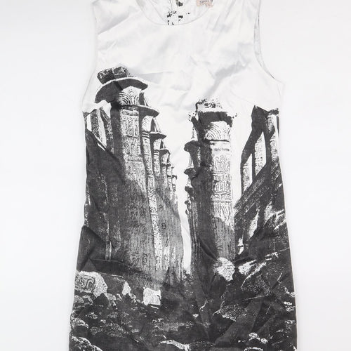 Sweet Miss Womens White Geometric Cotton Shift Size S Scoop Neck Zip - Ruins Print