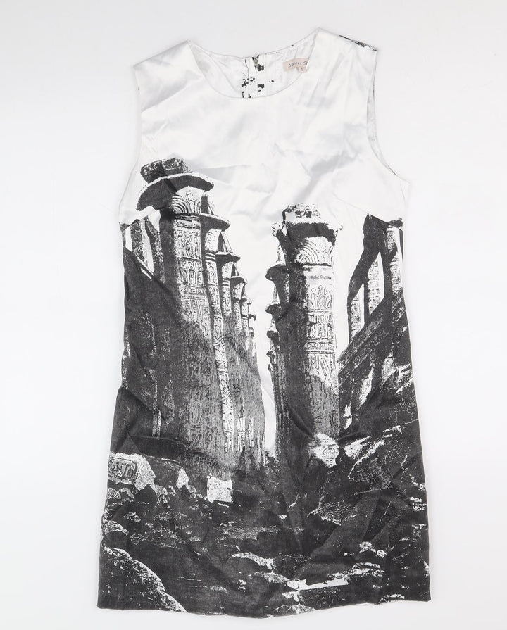 Sweet Miss Womens White Geometric Cotton Shift Size S Scoop Neck Zip - Ruins Print