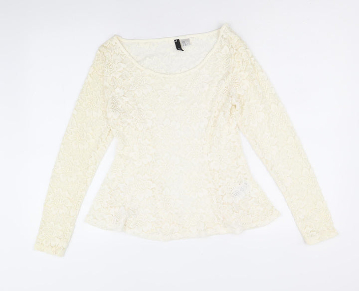 H&M Womens Ivory Geometric Polyamide Basic Blouse Size M Scoop Neck