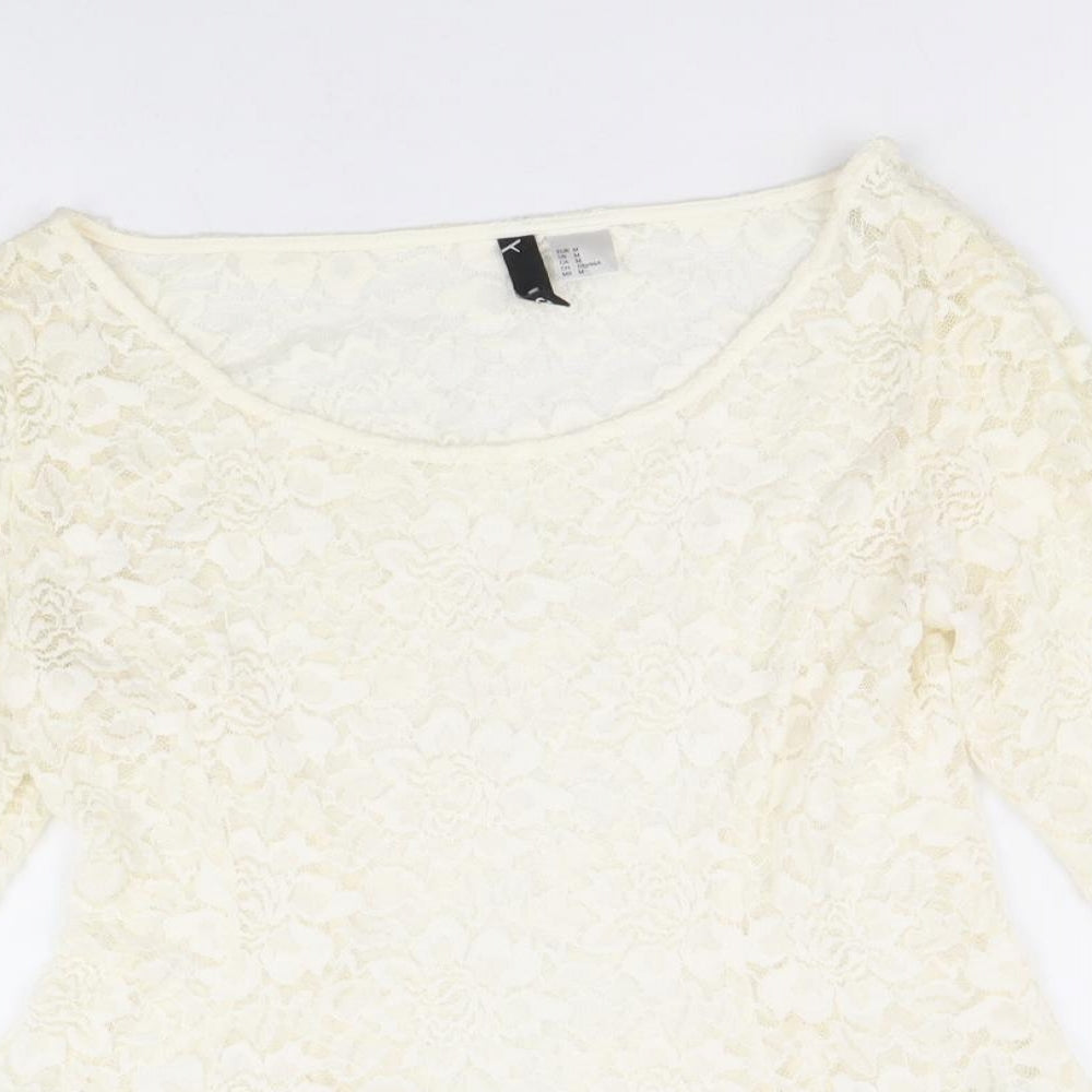 H&M Womens Ivory Geometric Polyamide Basic Blouse Size M Scoop Neck