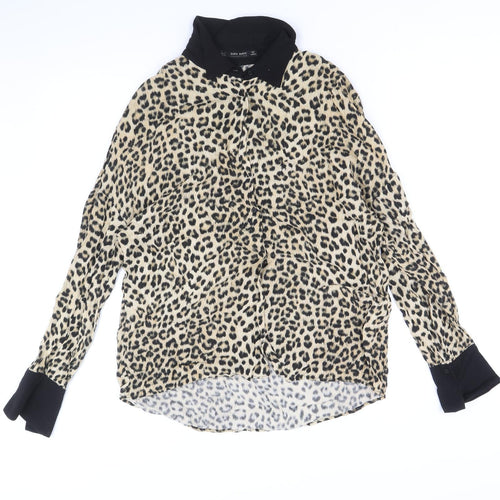 Zara Womens Brown Animal Print Viscose Basic Blouse Size S Collared - Leopard Pattern