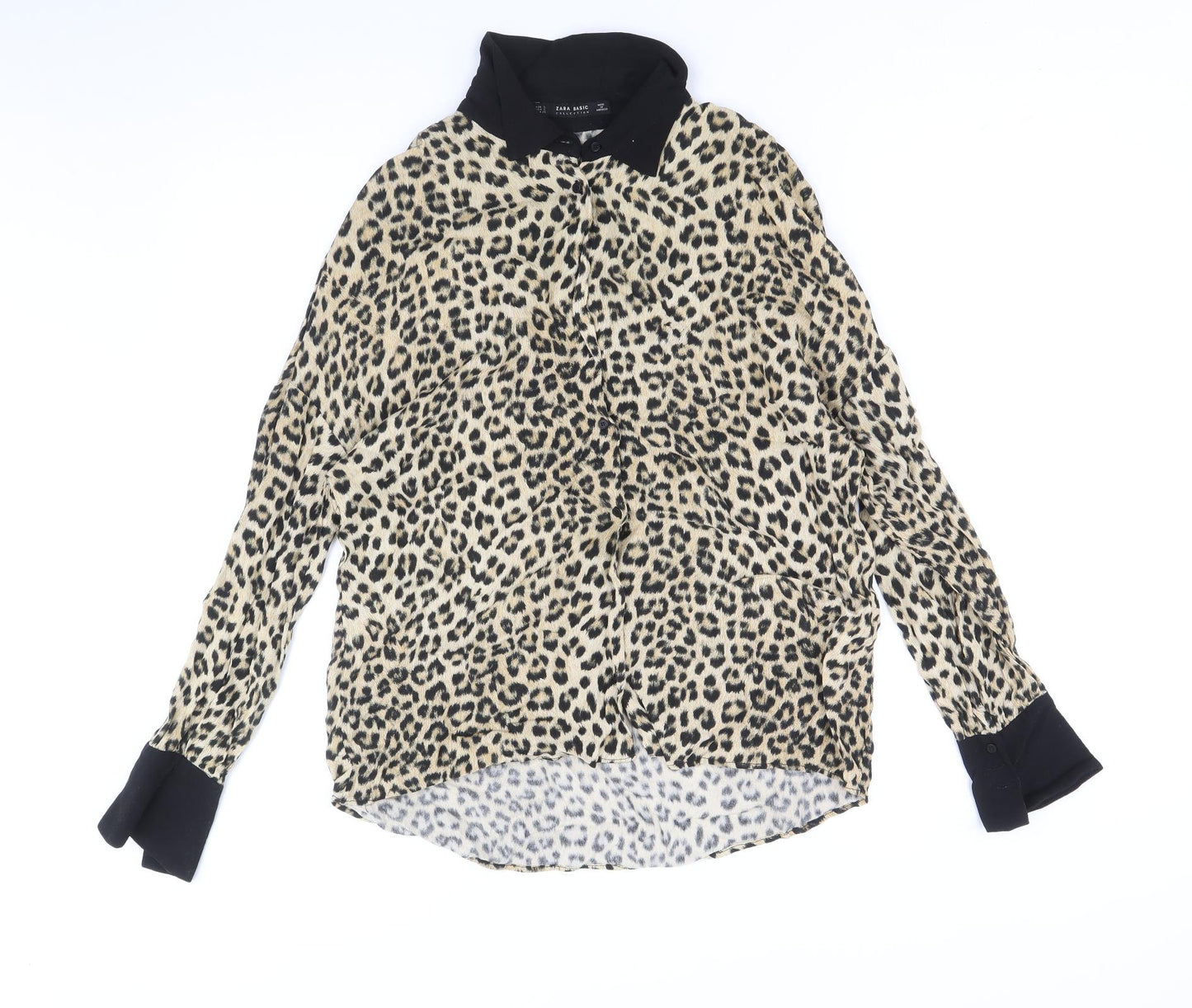 Zara Womens Brown Animal Print Viscose Basic Blouse Size S Collared - Leopard Pattern