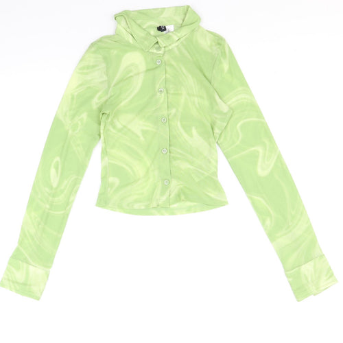 Divided by H&M Womens Green Geometric Polyester Basic Button-Up Size XS Collared