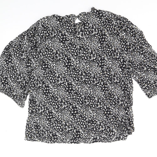 F&F Womens Black Animal Print Viscose Basic Blouse Size 10 Round Neck - Leopard Pattern