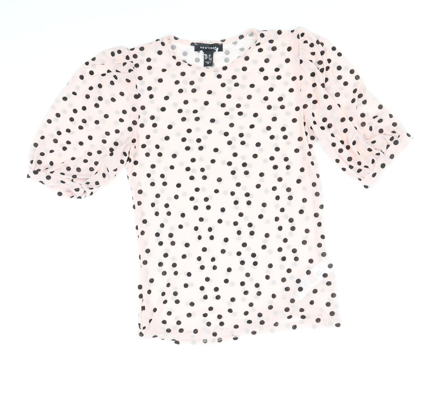 New Look Womens Pink Polka Dot Nylon Basic T-Shirt Size 12 Scoop Neck