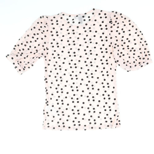 New Look Womens Pink Polka Dot Nylon Basic T-Shirt Size 12 Scoop Neck