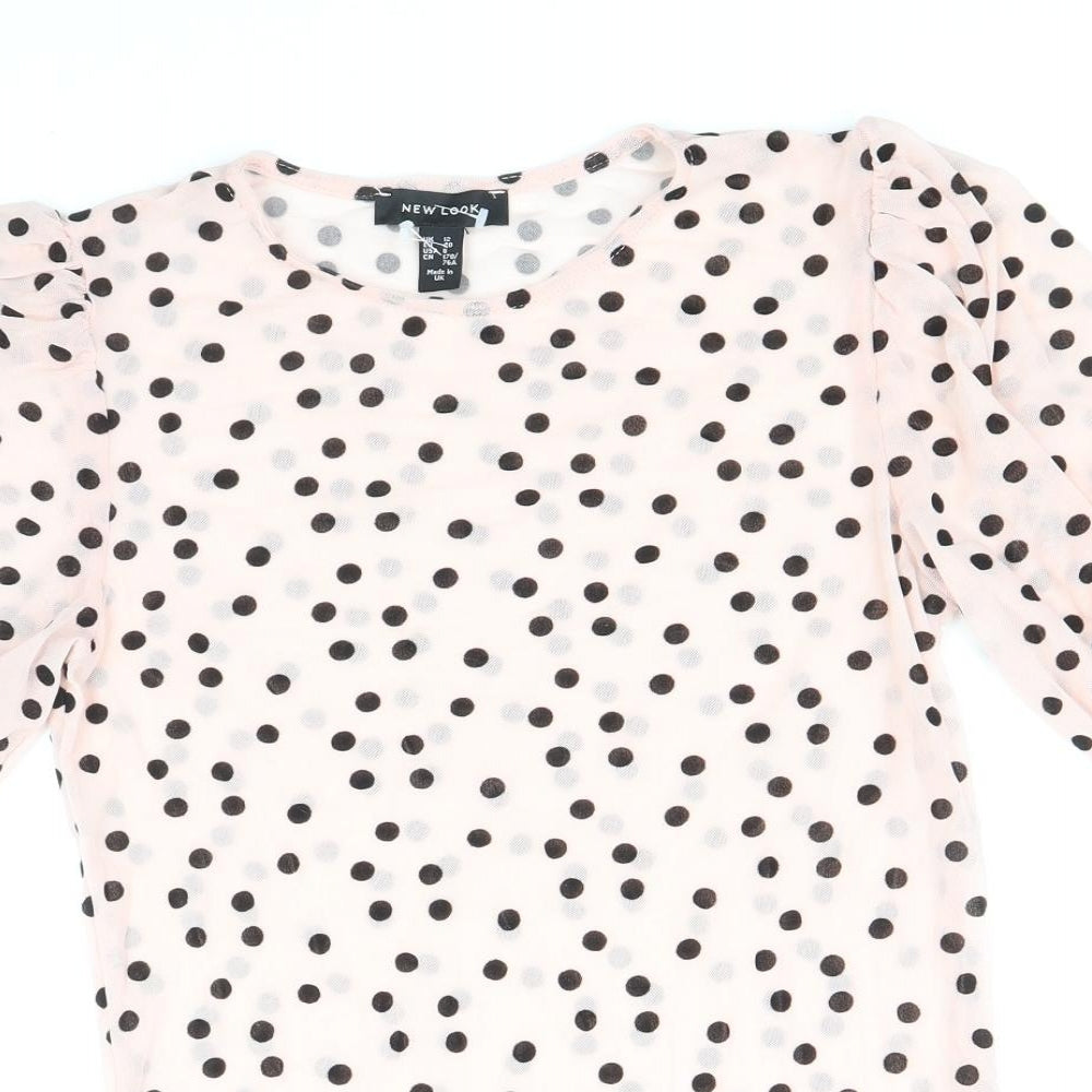 New Look Womens Pink Polka Dot Nylon Basic T-Shirt Size 12 Scoop Neck