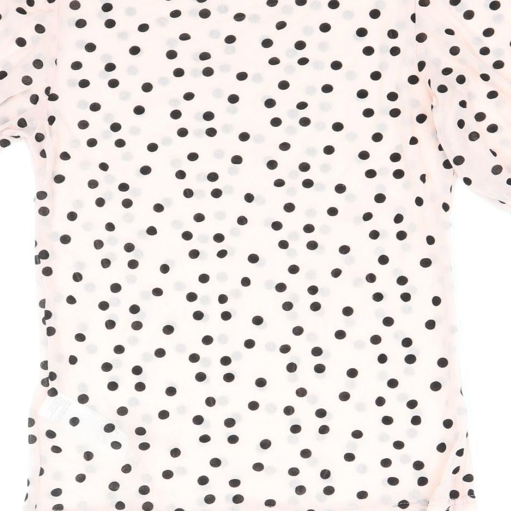 New Look Womens Pink Polka Dot Nylon Basic T-Shirt Size 12 Scoop Neck