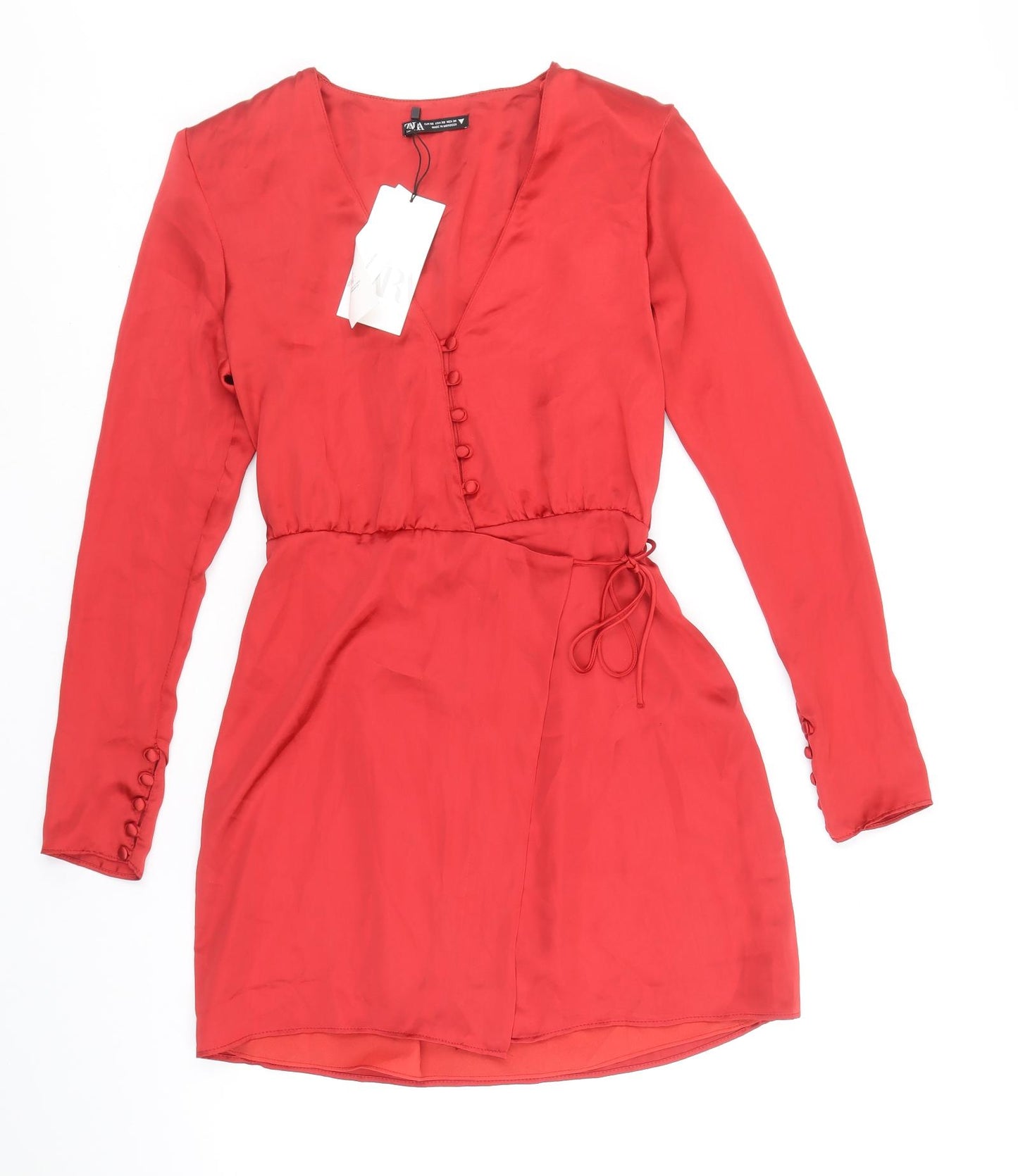 Zara Womens Red Polyester Wrap Dress Size XS V-Neck Button