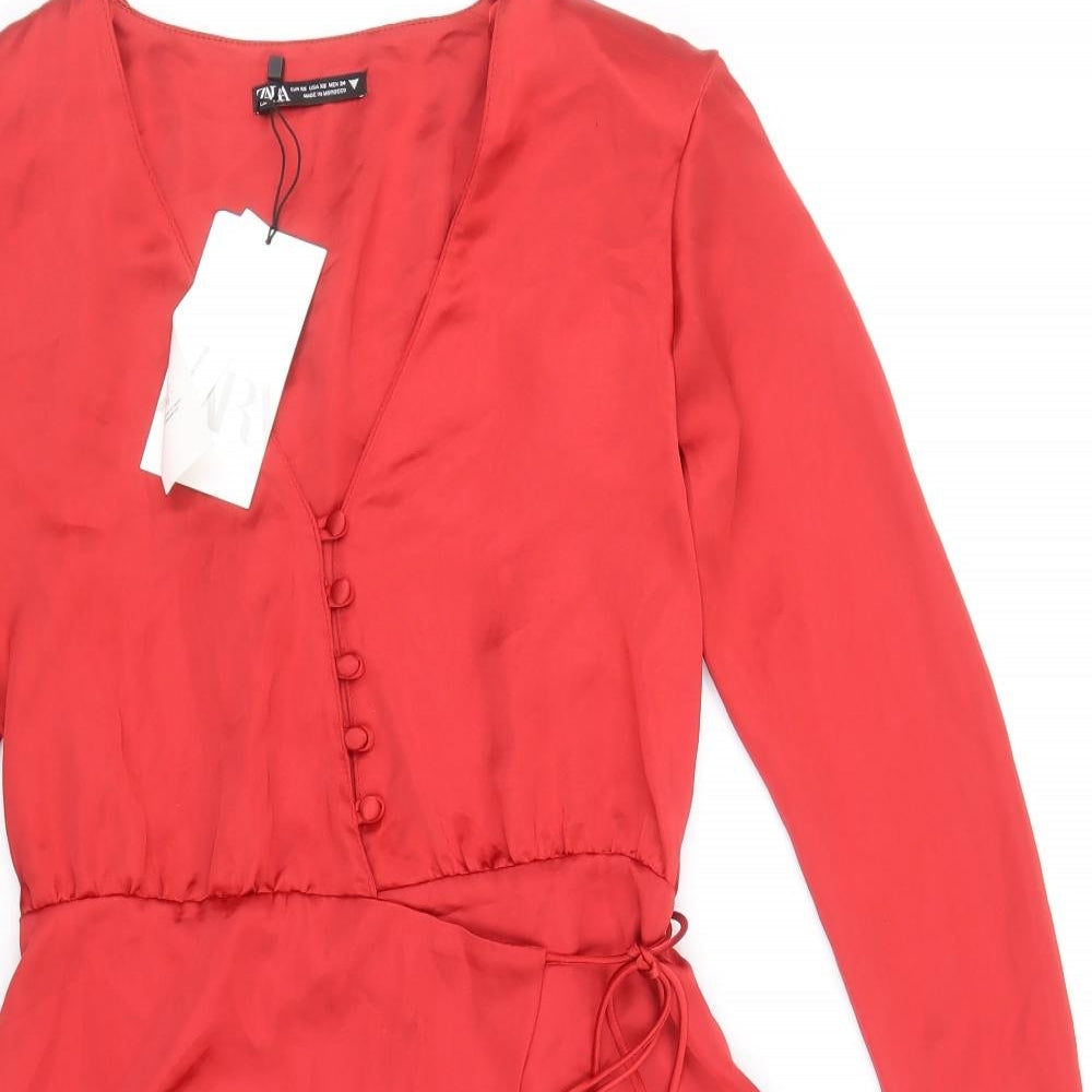 Zara Womens Red Polyester Wrap Dress Size XS V-Neck Button