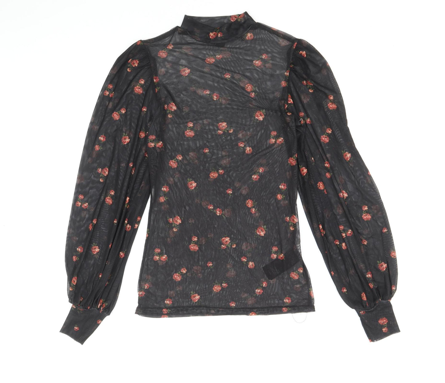 New Look Womens Black Floral Polyester Basic Blouse Size 10 Mock Neck