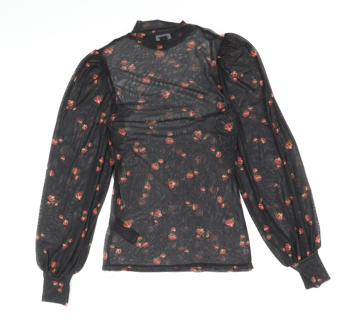New Look Womens Black Floral Polyester Basic Blouse Size 10 Mock Neck