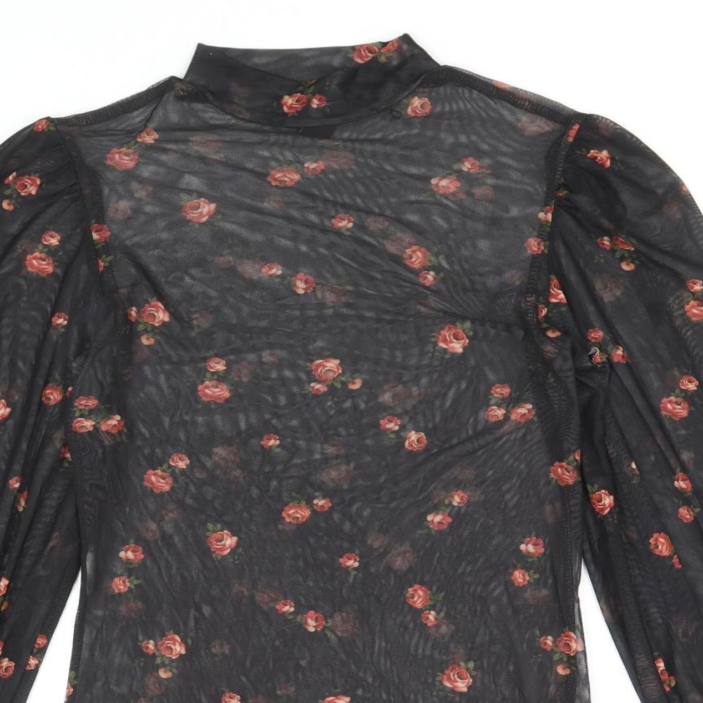 New Look Womens Black Floral Polyester Basic Blouse Size 10 Mock Neck