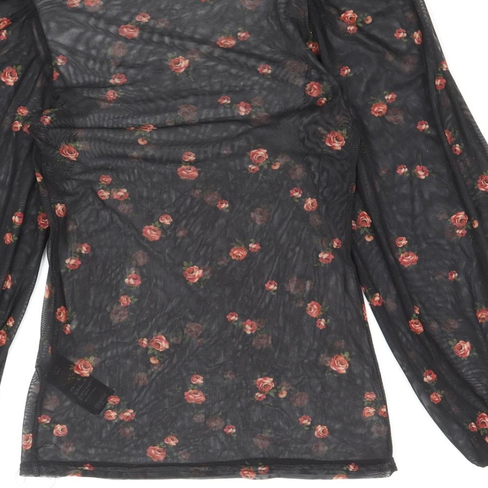 New Look Womens Black Floral Polyester Basic Blouse Size 10 Mock Neck