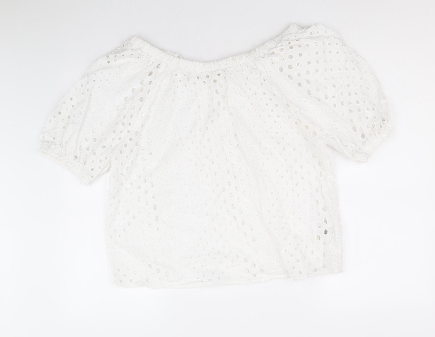 marks and Womens White Geometric 100% Cotton Basic Blouse Size 12 Round Neck