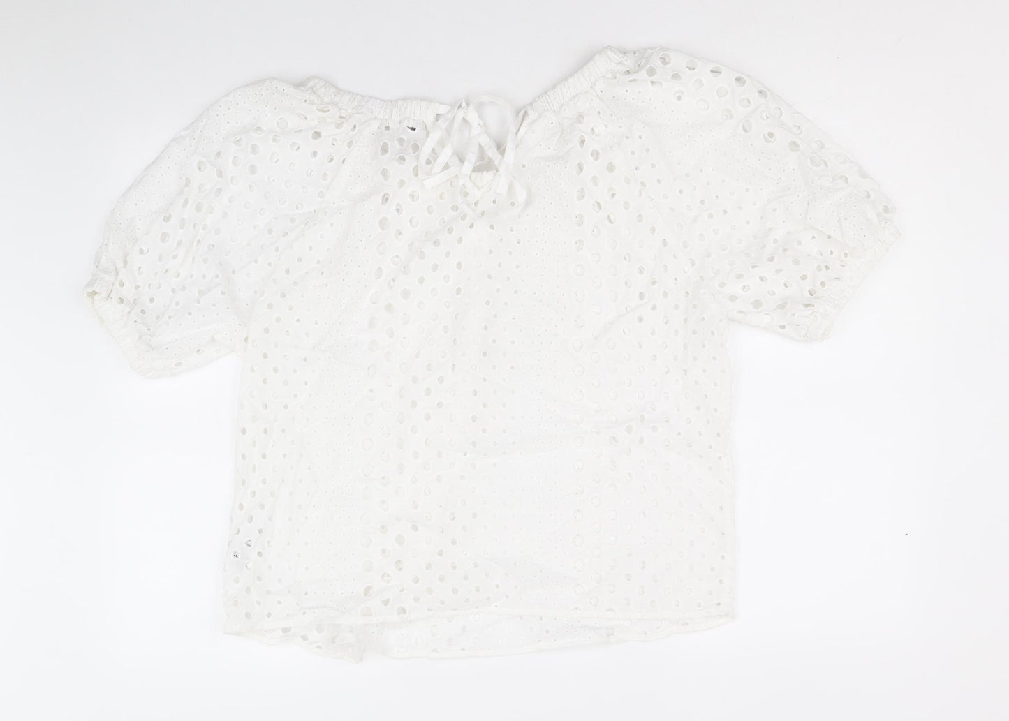 marks and Womens White Geometric 100% Cotton Basic Blouse Size 12 Round Neck