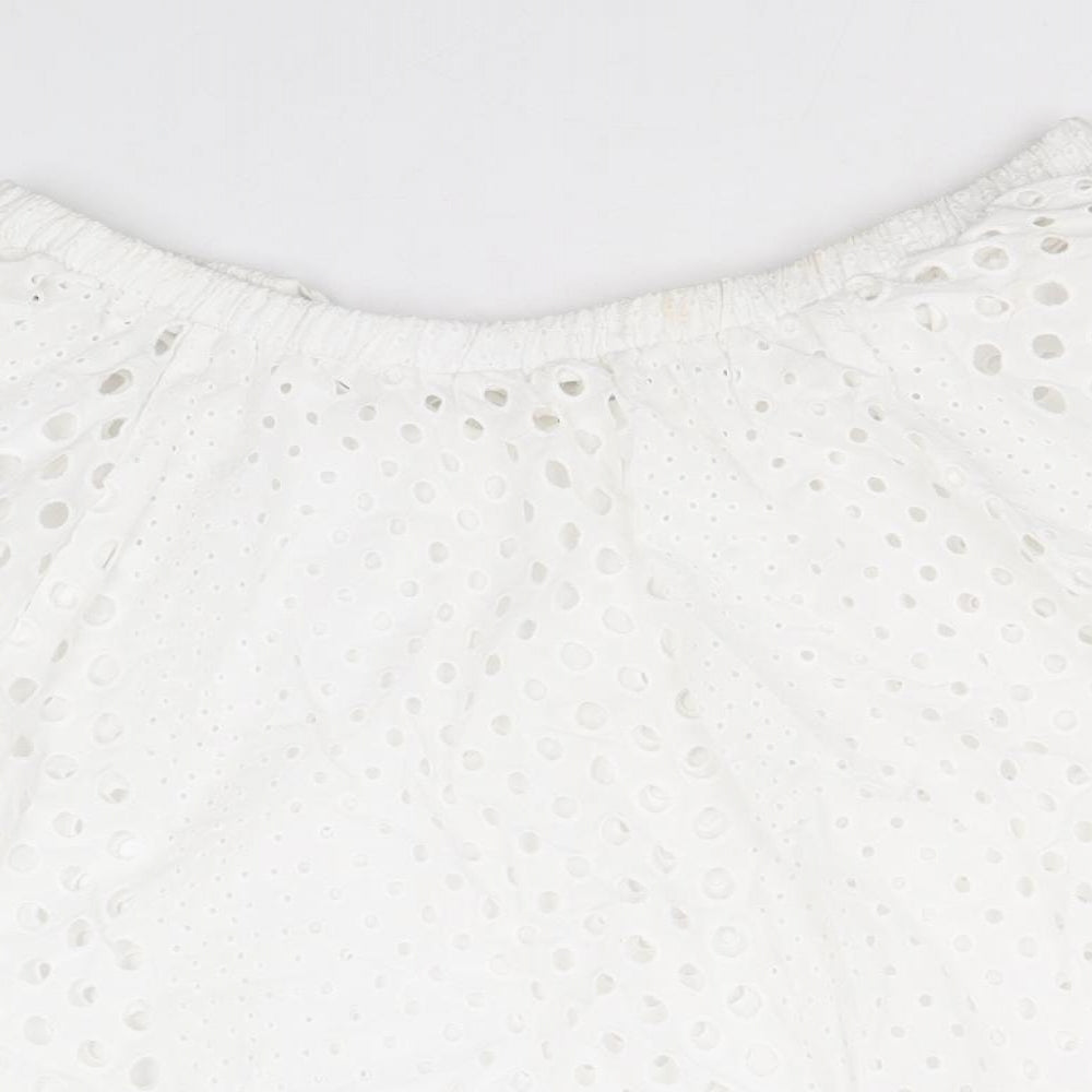 marks and Womens White Geometric 100% Cotton Basic Blouse Size 12 Round Neck