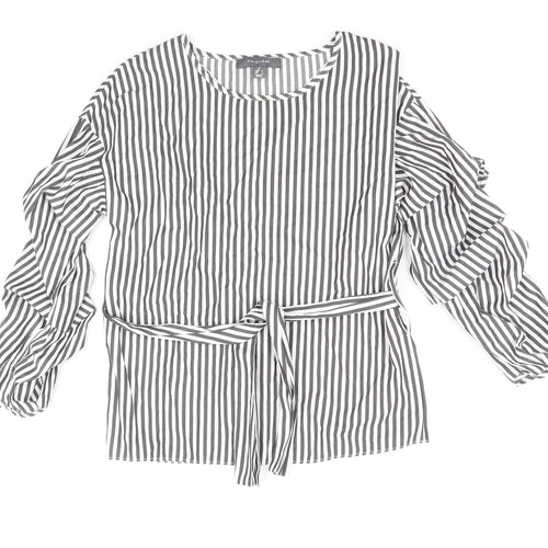 Primark Womens Grey Striped Polyester Basic Blouse Size 6 Round Neck