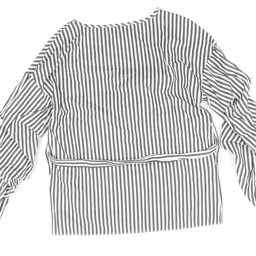 Primark Womens Grey Striped Polyester Basic Blouse Size 6 Round Neck