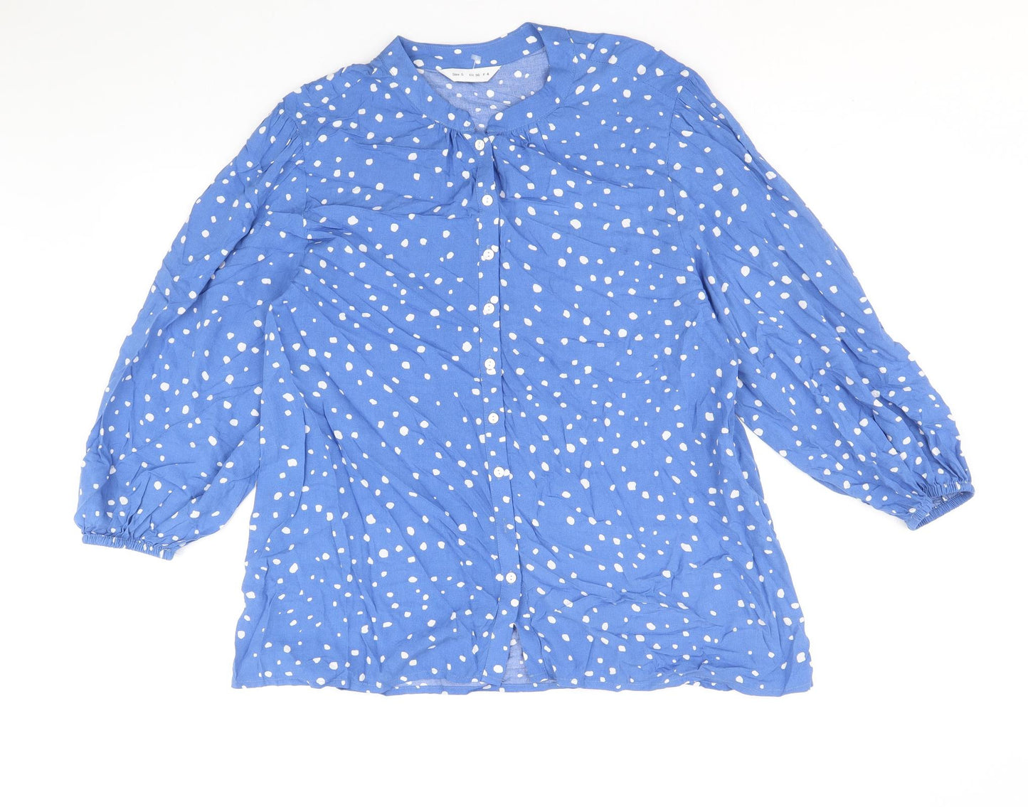 Preworn Womens Blue Geometric Viscose Basic Button-Up Size S Round Neck