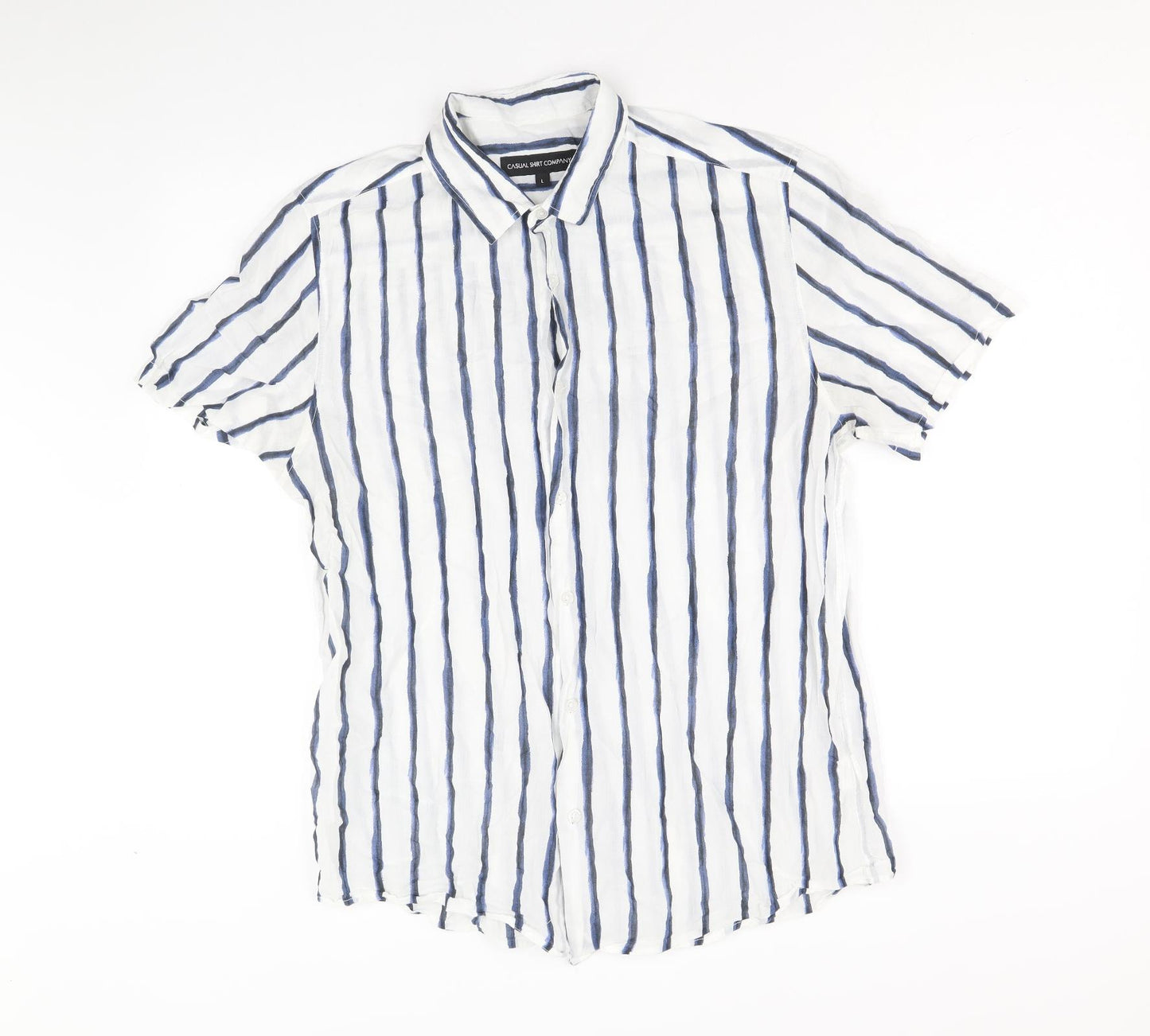 Casual Shirts Mens Blue Striped Cotton Button-Up Size L Collared Button