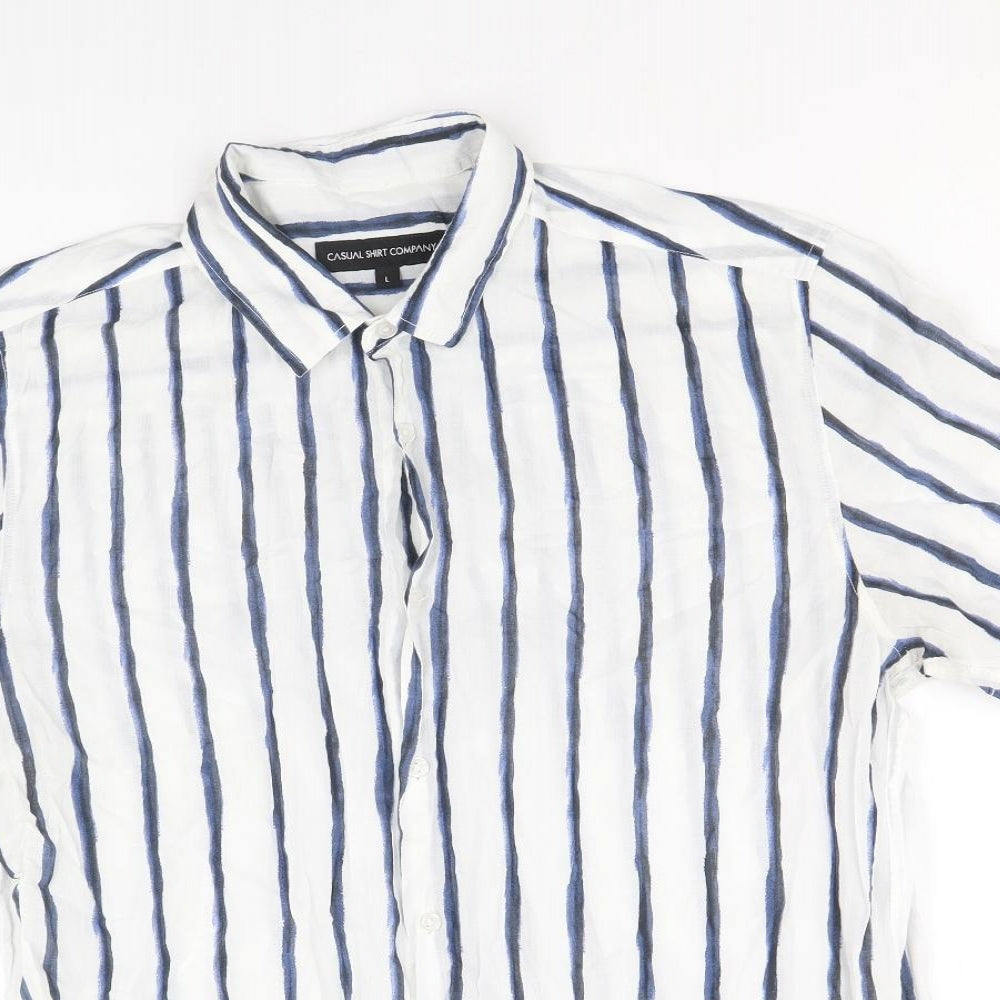 Casual Shirts Mens Blue Striped Cotton Button-Up Size L Collared Button