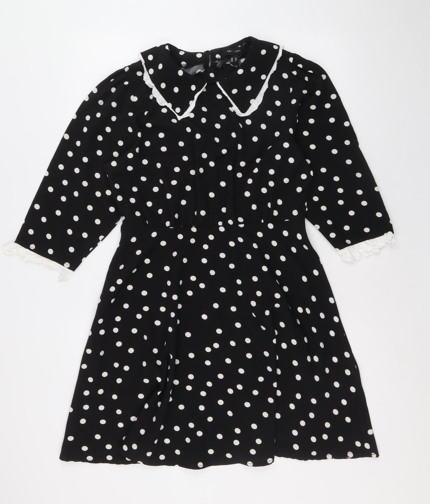 New Look Womens Black Polka Dot Polyester A-Line Size 12 Collared Zip