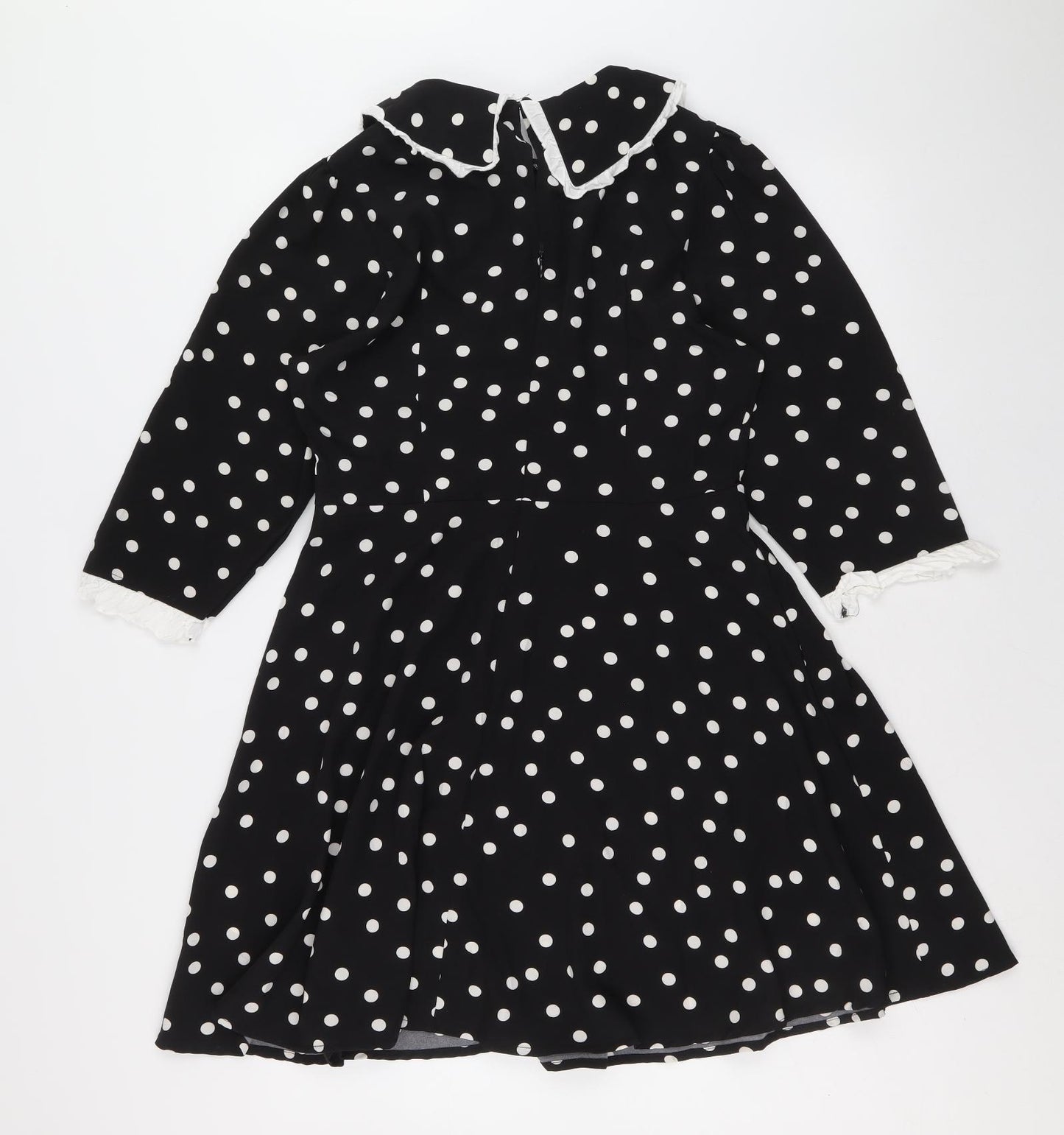 New Look Womens Black Polka Dot Polyester A-Line Size 12 Collared Zip