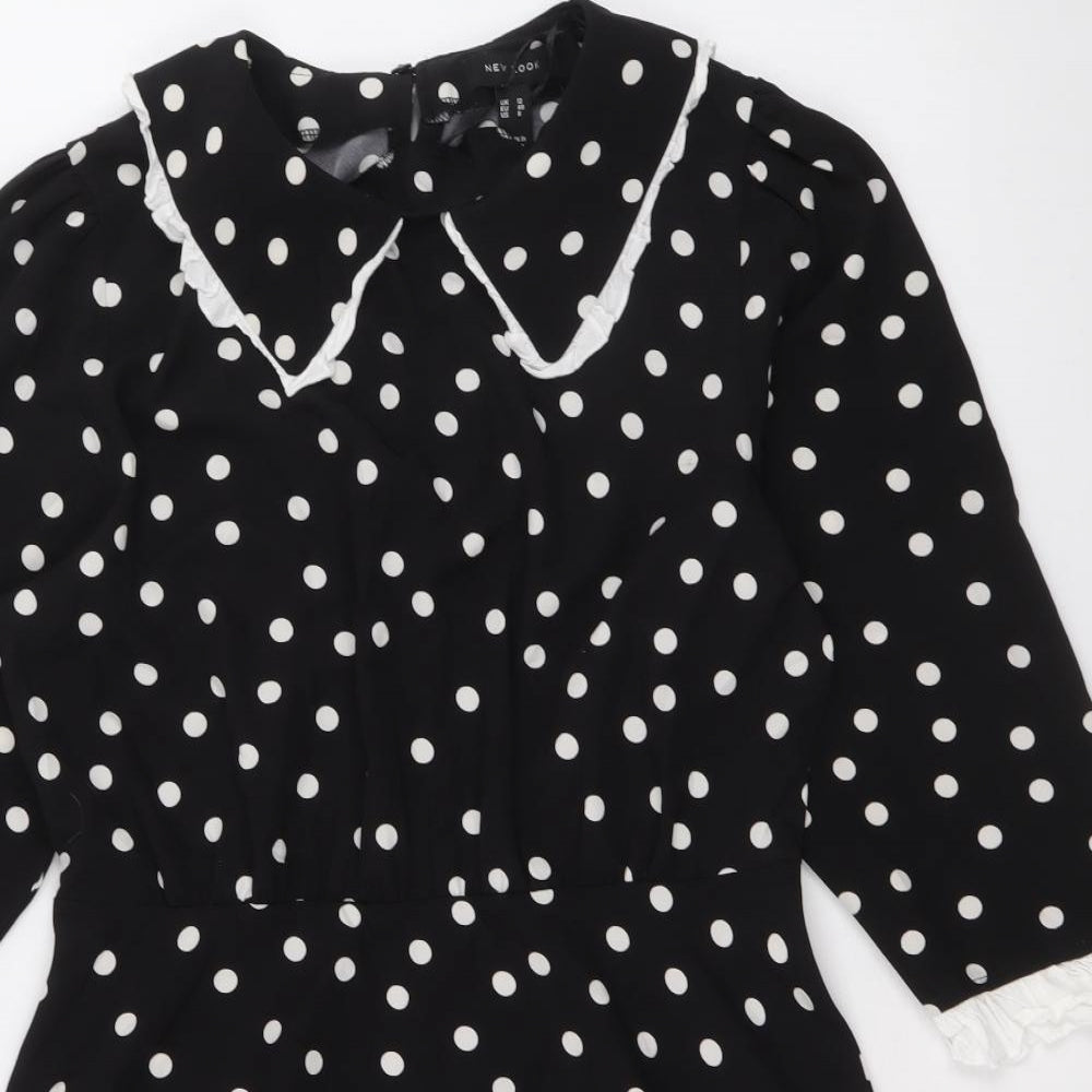 New Look Womens Black Polka Dot Polyester A-Line Size 12 Collared Zip