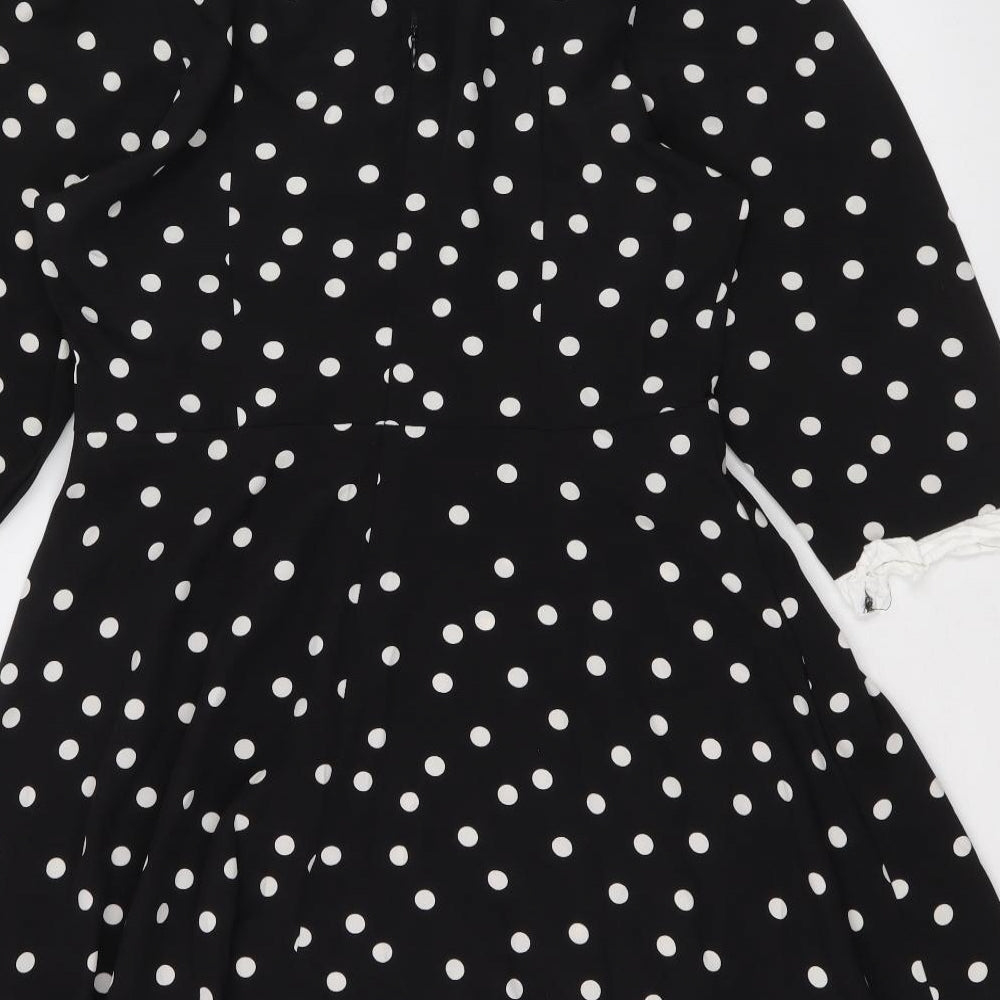 New Look Womens Black Polka Dot Polyester A-Line Size 12 Collared Zip