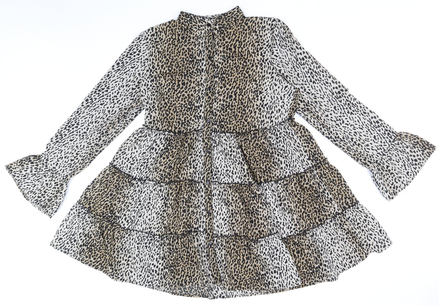 Boohoo Womens Brown Animal Print Polyester A-Line Size 16 Round Neck Button - Leopard Pattern