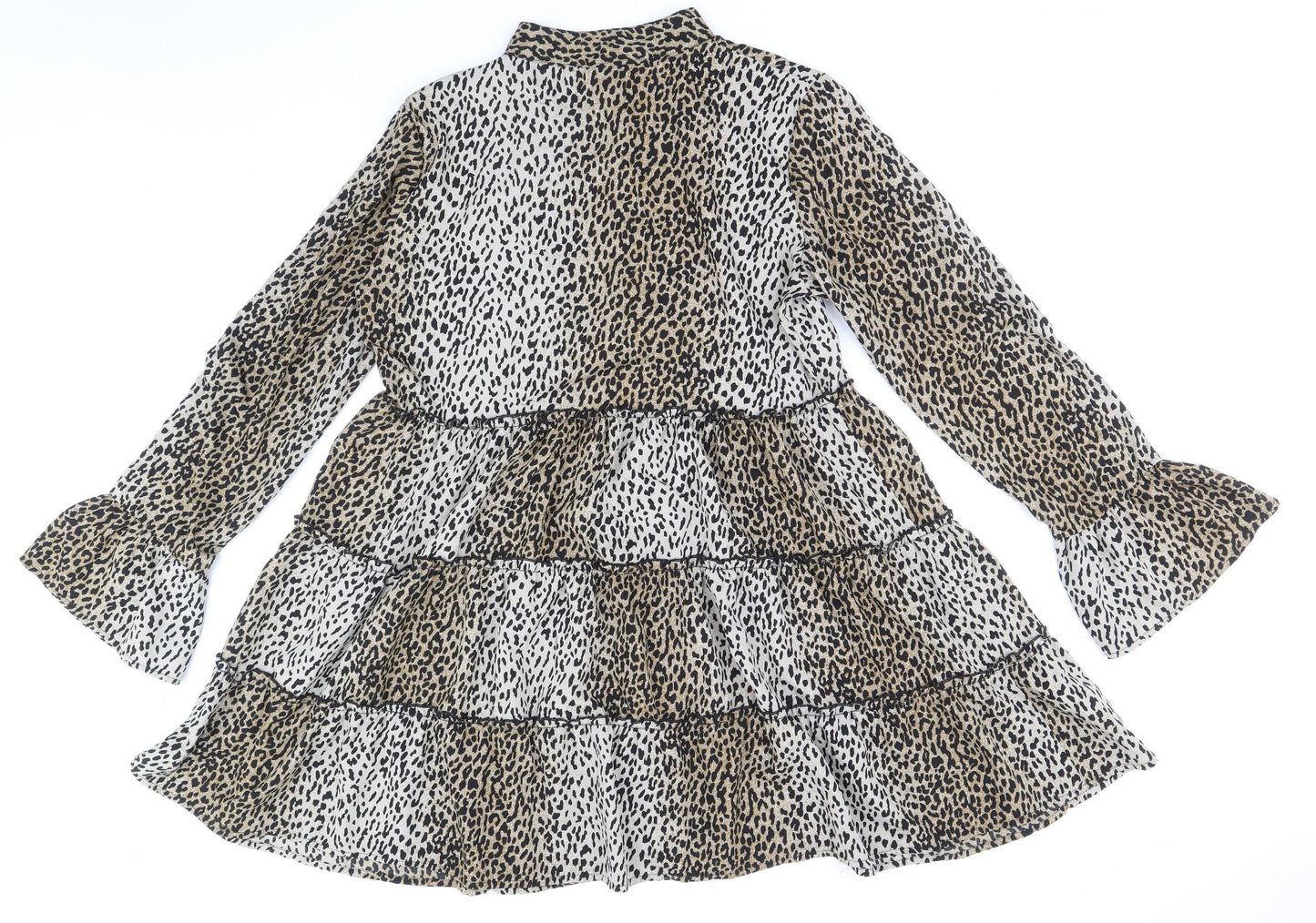 Boohoo Womens Brown Animal Print Polyester A-Line Size 16 Round Neck Button - Leopard Pattern