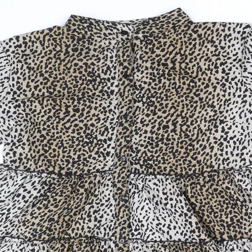 Boohoo Womens Brown Animal Print Polyester A-Line Size 16 Round Neck Button - Leopard Pattern