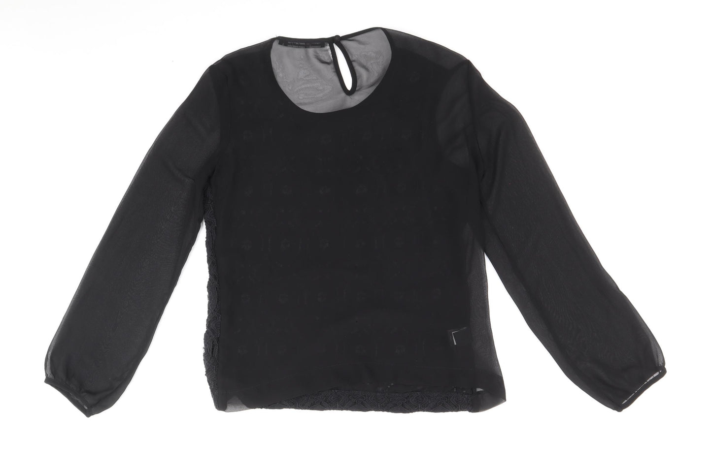 NEXT Womens Black Cotton Basic Blouse Size 12 Round Neck - Lace Detail