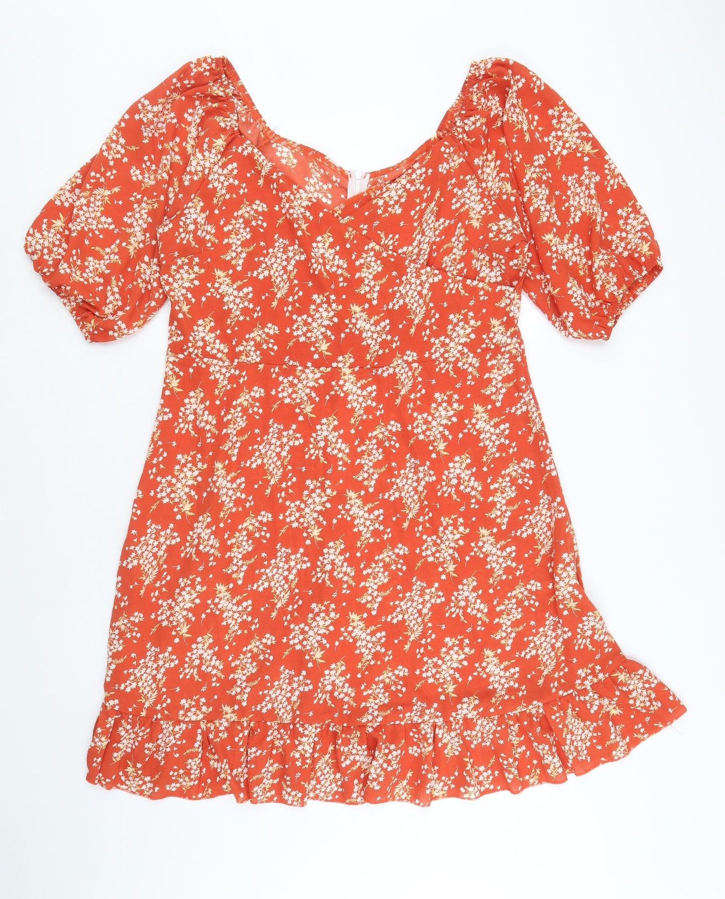 SheIn Womens Orange Floral Polyester Trapeze & Swing Size XL V-Neck Zip