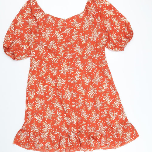 SheIn Womens Orange Floral Polyester Trapeze & Swing Size XL V-Neck Zip