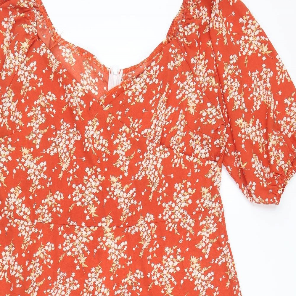 SheIn Womens Orange Floral Polyester Trapeze & Swing Size XL V-Neck Zip