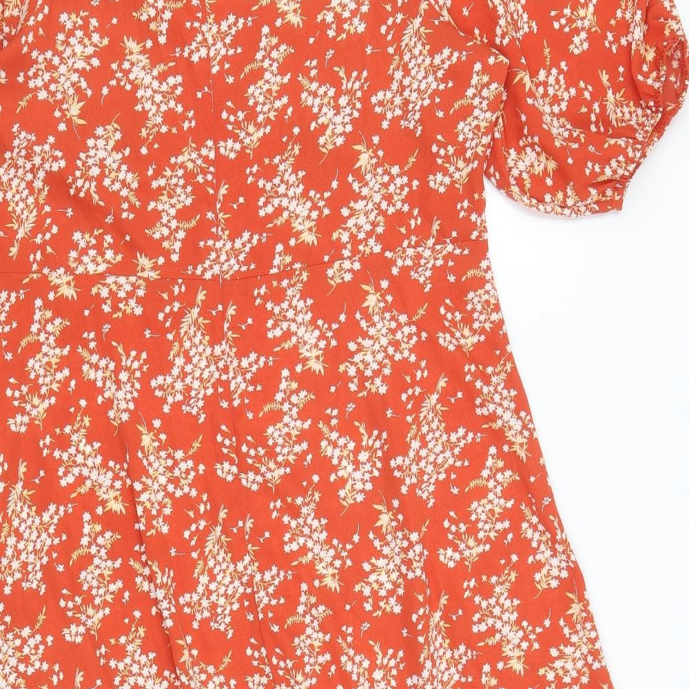 SheIn Womens Orange Floral Polyester Trapeze & Swing Size XL V-Neck Zip