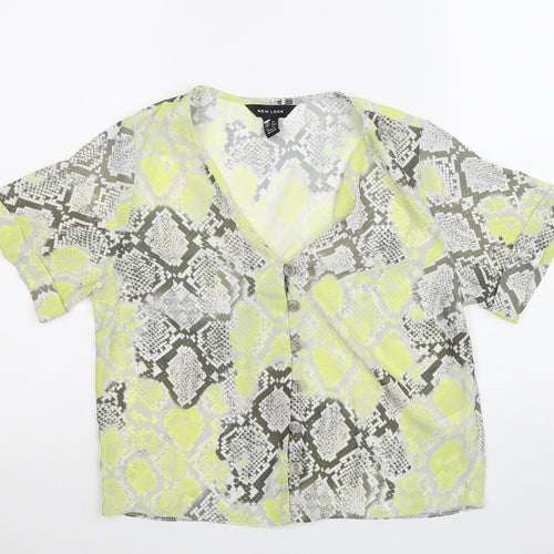 New Look Womens Yellow Animal Print Polyester Basic Button-Up Size 8 V-Neck - Snake Print