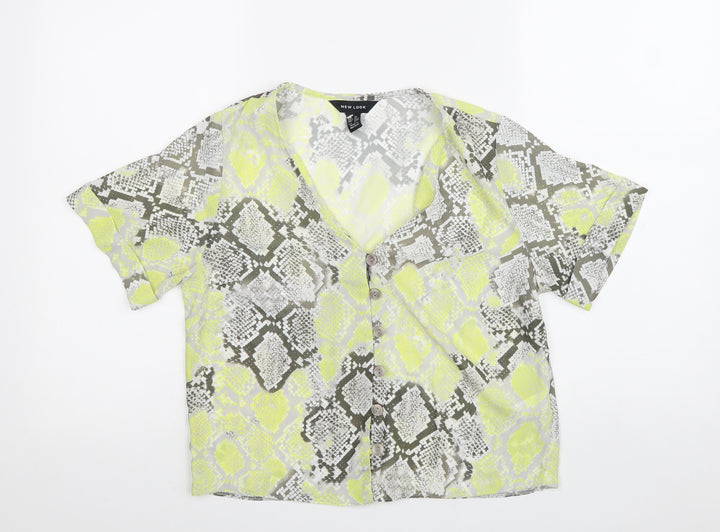 New Look Womens Yellow Animal Print Polyester Basic Button-Up Size 8 V-Neck - Snake Print