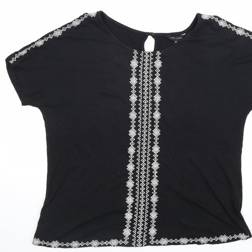 New Look Womens Black Geometric Cotton Basic Blouse Size 12 Round Neck
