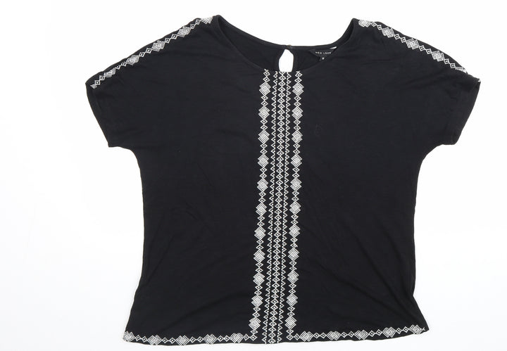 New Look Womens Black Geometric Cotton Basic Blouse Size 12 Round Neck