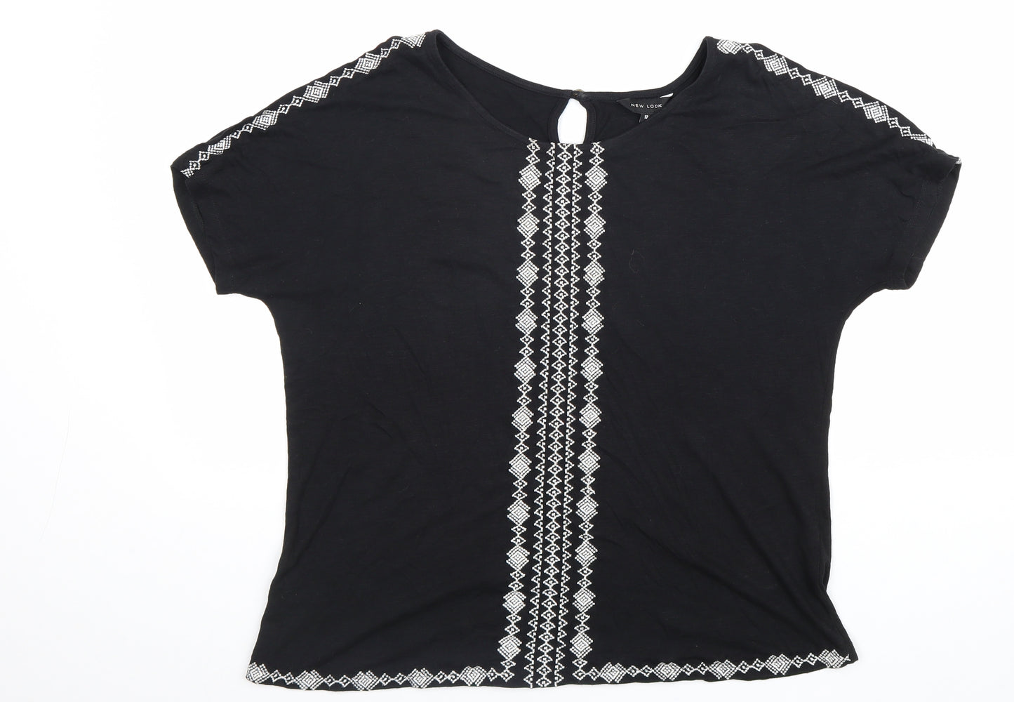 New Look Womens Black Geometric Cotton Basic Blouse Size 12 Round Neck